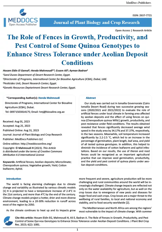 The Role of Fences in Growth, Productivity, and Pest Control of Some Quinoa Genotypes to Enhance Stress Tolerance under Aeolian Deposit Conditions